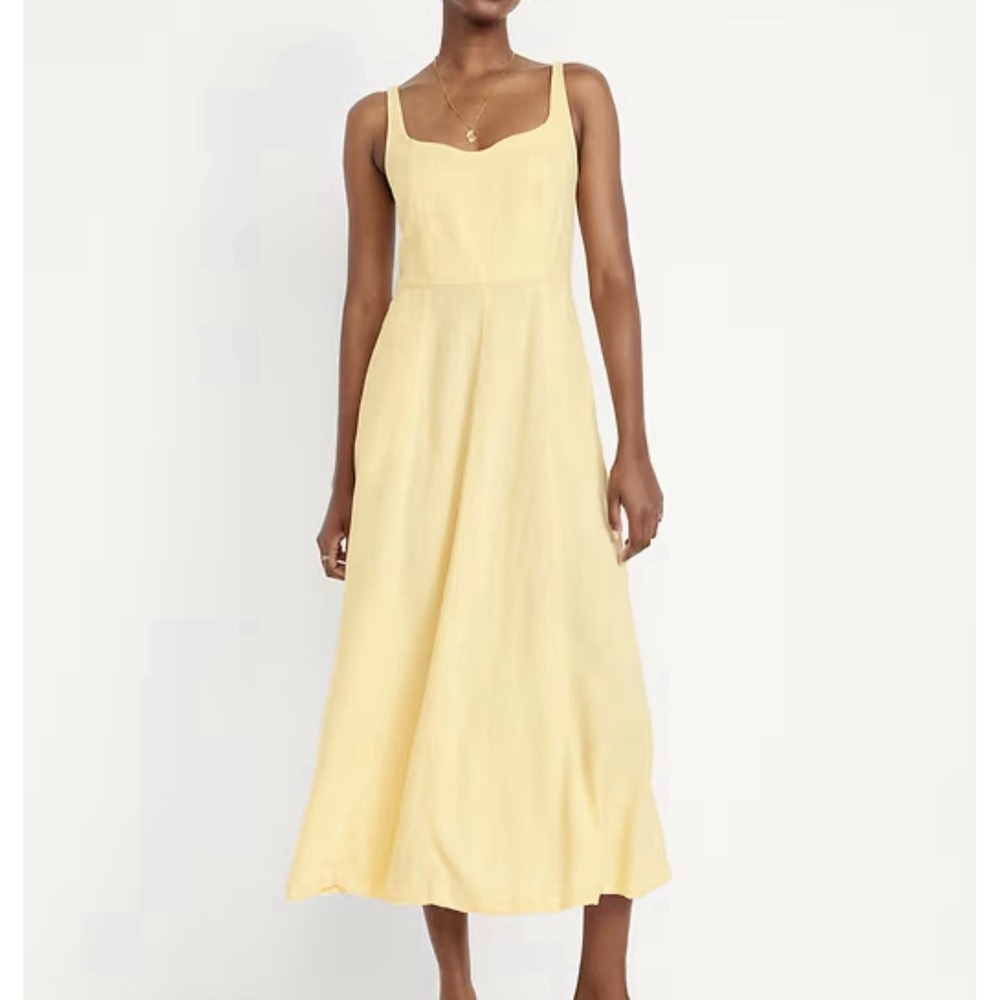 Old Navy Linen Blend Dress XL Midi Smocked Fit & Flare Sleeveless Butter Yellow